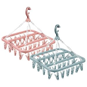sock hanger, 2pcs folding clothes drying rack with 32pcs pegs and swivel hook, rotatable sock dryer, underwear hanger for lingerie clothes, wind-proof hanging sock rack for socks, underwear