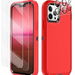 I-HONVA for iPhone 14 Pro Max Case with 2 Pack Screen Protector+2 Pack Camera Lens Protector Heavy Duty Shockproof 3-Layer Full Body Protection Durable Case for iPhone 14 Pro Max 6.7",Red/Black