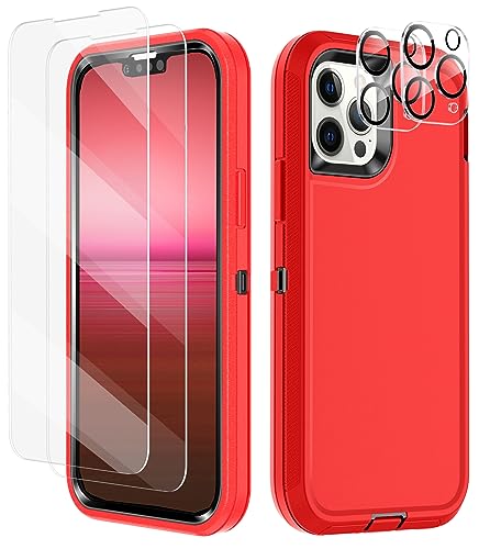 I-HONVA for iPhone 14 Pro Max Case with 2 Pack Screen Protector+2 Pack Camera Lens Protector Heavy Duty Shockproof 3-Layer Full Body Protection Durable Case for iPhone 14 Pro Max 6.7",Red/Black