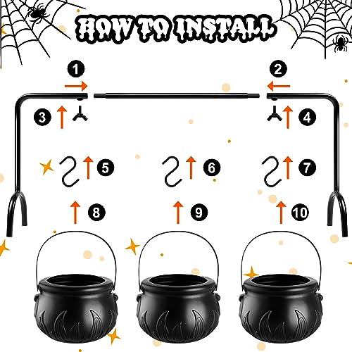 YGAOHF Cauldron Halloween Decor - Set of 12 Plastic Witches Cauldron Serving Bowls on Rack, Spooky Candy Bucket for Indoor Outdoor Home Decorations, Black