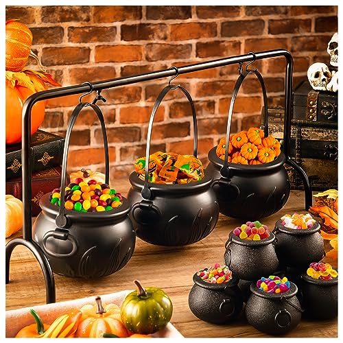 YGAOHF Cauldron Halloween Decor - Set of 12 Plastic Witches Cauldron Serving Bowls on Rack, Spooky Candy Bucket for Indoor Outdoor Home Decorations, Black