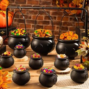 YGAOHF Cauldron Halloween Decor - Set of 12 Plastic Witches Cauldron Serving Bowls on Rack, Spooky Candy Bucket for Indoor Outdoor Home Decorations, Black