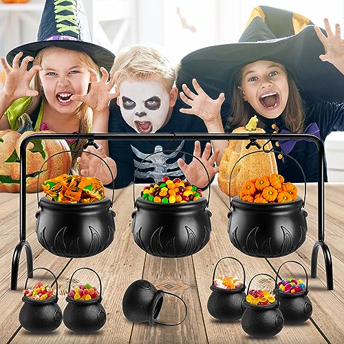 YGAOHF Cauldron Halloween Decor - Set of 12 Plastic Witches Cauldron Serving Bowls on Rack, Spooky Candy Bucket for Indoor Outdoor Home Decorations, Black