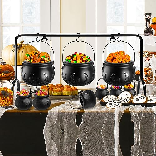 YGAOHF Cauldron Halloween Decor - Set of 12 Plastic Witches Cauldron Serving Bowls on Rack, Spooky Candy Bucket for Indoor Outdoor Home Decorations, Black