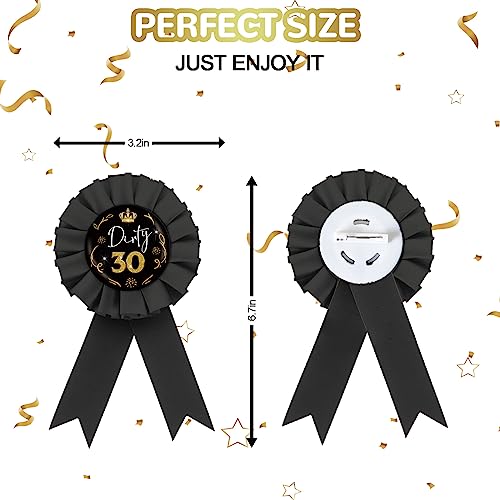 Black Dirty 30 Tinplate Badge Pin, Black & Gold Rosette Button for Men Women, Golden Crown 30th Birthday Award Badge Pin, 30 & Fabulous Birthday Party Decorations