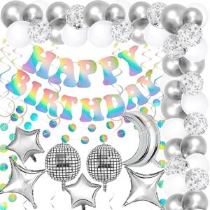 birthday decorations - iridescent banner disco ball balloons arch decor | fufuddz funny holographic happy birthday party supplies w/ circle garlands swirls for women men 18 30th 40th 50th 60s 70s 90s