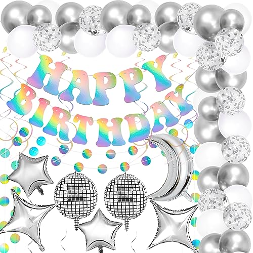 Birthday Decorations - Iridescent Banner Disco Ball Balloons Arch Decor | Fufuddz Funny Holographic Happy Birthday Party Supplies w/ Circle Garlands Swirls for Women Men 18 30th 40th 50th 60s 70s 90s