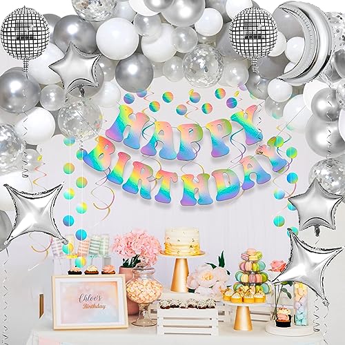 Birthday Decorations - Iridescent Banner Disco Ball Balloons Arch Decor | Fufuddz Funny Holographic Happy Birthday Party Supplies w/ Circle Garlands Swirls for Women Men 18 30th 40th 50th 60s 70s 90s