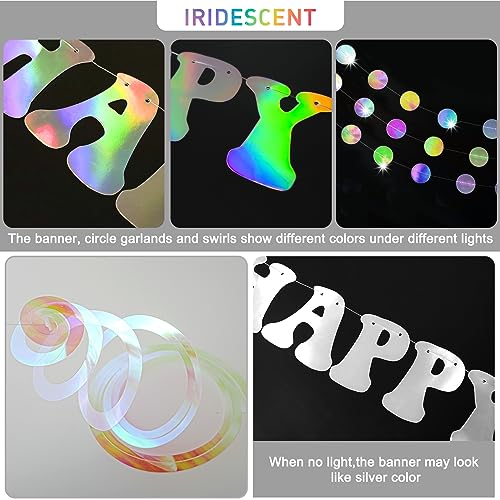 Birthday Decorations - Iridescent Banner Disco Ball Balloons Arch Decor | Fufuddz Funny Holographic Happy Birthday Party Supplies w/ Circle Garlands Swirls for Women Men 18 30th 40th 50th 60s 70s 90s