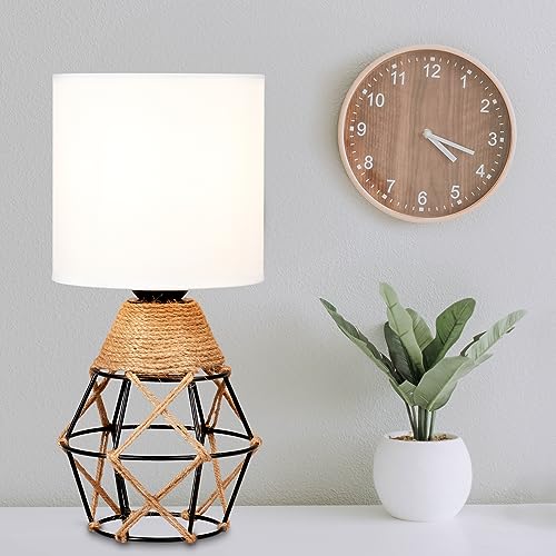 Hamilyeah Boho Lamp, Woven Table Lamp for Nightstand with On/Off Switch, Bedroom Lamp with White Fabric Shade, Simple Lamp for Bedside, Living Room