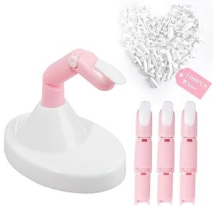 practice fingers for acrylic nails, flexible movable fake finger to practice fake nails, 3pcs adjustable pink nail finger practice, 1pc white acrylic finger base and 100pcs white nail tips with box