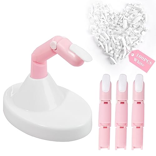 Practice Fingers for Acrylic Nails, Flexible Movable Fake Finger to Practice Fake Nails, 3PCS Adjustable Pink Nail Finger Practice, 1PC White Acrylic Finger Base and 100PCS White Nail Tips with Box