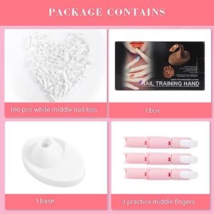 Practice Fingers for Acrylic Nails, Flexible Movable Fake Finger to Practice Fake Nails, 3PCS Adjustable Pink Nail Finger Practice, 1PC White Acrylic Finger Base and 100PCS White Nail Tips with Box