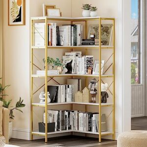 yitahome corner bookshelf, gold corner shelf 5 tier bookcase, large display rack storage for bedroom, living room, home office,white&gold
