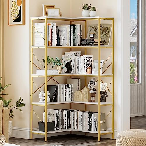 YITAHOME Corner Bookshelf, Gold Corner Shelf 5 Tier Bookcase, Large Display Rack Storage for Bedroom, Living Room, Home Office,White&Gold