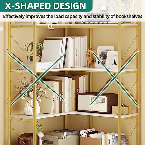 YITAHOME Corner Bookshelf, Gold Corner Shelf 5 Tier Bookcase, Large Display Rack Storage for Bedroom, Living Room, Home Office,White&Gold