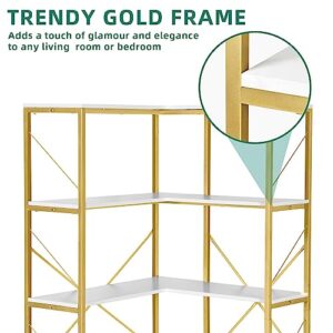 YITAHOME Corner Bookshelf, Gold Corner Shelf 5 Tier Bookcase, Large Display Rack Storage for Bedroom, Living Room, Home Office,White&Gold