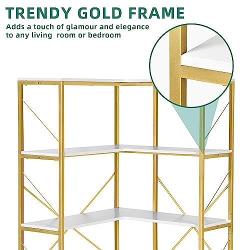 YITAHOME Corner Bookshelf, Gold Corner Shelf 5 Tier Bookcase, Large Display Rack Storage for Bedroom, Living Room, Home Office,White&Gold