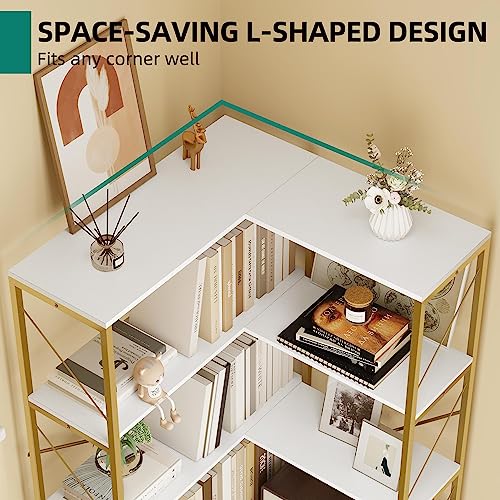 YITAHOME Corner Bookshelf, Gold Corner Shelf 5 Tier Bookcase, Large Display Rack Storage for Bedroom, Living Room, Home Office,White&Gold