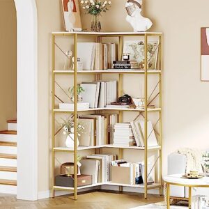 YITAHOME Corner Bookshelf, Gold Corner Shelf 5 Tier Bookcase, Large Display Rack Storage for Bedroom, Living Room, Home Office,White&Gold