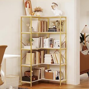 YITAHOME Corner Bookshelf, Gold Corner Shelf 5 Tier Bookcase, Large Display Rack Storage for Bedroom, Living Room, Home Office,White&Gold