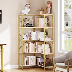 YITAHOME Corner Bookshelf, Gold Corner Shelf 5 Tier Bookcase, Large Display Rack Storage for Bedroom, Living Room, Home Office,White&Gold