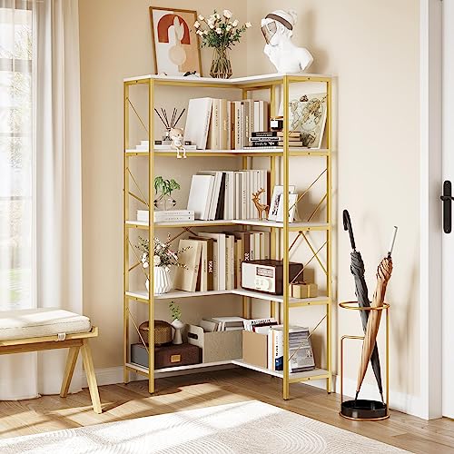 YITAHOME Corner Bookshelf, Gold Corner Shelf 5 Tier Bookcase, Large Display Rack Storage for Bedroom, Living Room, Home Office,White&Gold