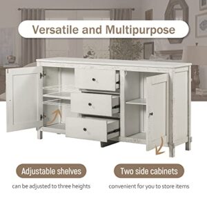 Retro Buffet Cabinet with 2 Storage Cabinets,3 Drawers and Adjustable Shelves,64" Solid Wood Storage Sideboard with Metal Knob Handles for Living Room Office Bedroom,Kitchen (Antique White-64")