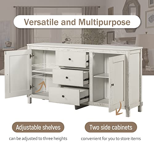 Retro Buffet Cabinet with 2 Storage Cabinets,3 Drawers and Adjustable Shelves,64" Solid Wood Storage Sideboard with Metal Knob Handles for Living Room Office Bedroom,Kitchen (Antique White-64")