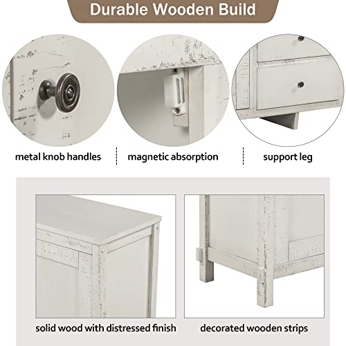 Retro Buffet Cabinet with 2 Storage Cabinets,3 Drawers and Adjustable Shelves,64" Solid Wood Storage Sideboard with Metal Knob Handles for Living Room Office Bedroom,Kitchen (Antique White-64")