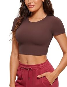 crz yoga womens butterluxe short sleeve crop tops double lined crew neck casual workout t-shirt cute basic tee taupe medium