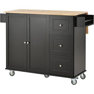 rolling kitchen island with drop leaf portable kitchen table seating cart 3 drawers lockable wheels 1 double door cabinet slim mobile rubber wood counter top moveable stand alone 53" movable black