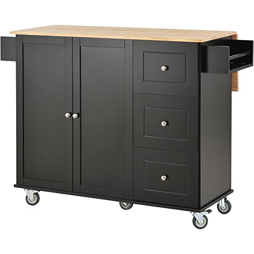 Rolling Kitchen Island with Drop Leaf Portable Kitchen Table Seating Cart 3 Drawers Lockable Wheels 1 Double Door Cabinet Slim Mobile Rubber Wood Counter Top Moveable Stand Alone 53" Movable Black