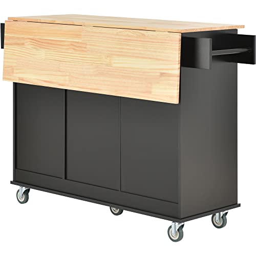 Rolling Kitchen Island with Drop Leaf Portable Kitchen Table Seating Cart 3 Drawers Lockable Wheels 1 Double Door Cabinet Slim Mobile Rubber Wood Counter Top Moveable Stand Alone 53" Movable Black