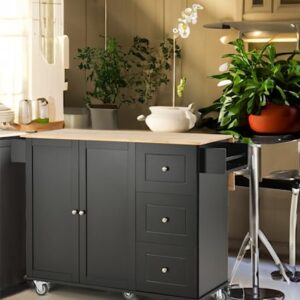 Rolling Kitchen Island with Drop Leaf Portable Kitchen Table Seating Cart 3 Drawers Lockable Wheels 1 Double Door Cabinet Slim Mobile Rubber Wood Counter Top Moveable Stand Alone 53" Movable Black