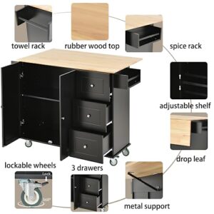 Rolling Kitchen Island with Drop Leaf Portable Kitchen Table Seating Cart 3 Drawers Lockable Wheels 1 Double Door Cabinet Slim Mobile Rubber Wood Counter Top Moveable Stand Alone 53" Movable Black