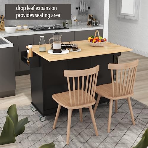 Rolling Kitchen Island with Drop Leaf Portable Kitchen Table Seating Cart 3 Drawers Lockable Wheels 1 Double Door Cabinet Slim Mobile Rubber Wood Counter Top Moveable Stand Alone 53" Movable Black