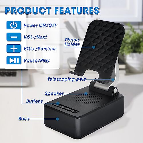 RSUARSUA Cell Phone Stand with Bluetooth Speaker HD Surround Sound Bluetooth Speaker Adjustable Phone Holder Gifts for Women Men Wide Compatible with Cell Phone and Tablet (A-Black)