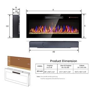 60 inch Electric Fireplace in-Wall Recessed and Wall Mounted with Remote and 16 Colors Flame & 16 Emberbed Colors, Adjustable Temperature LED Light Fireplace Heater, Timer, Low Noise