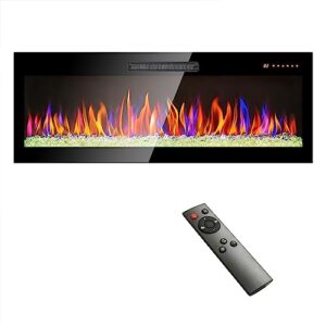 60 inch electric fireplace in-wall recessed and wall mounted with remote and 16 colors flame & 16 emberbed colors, adjustable temperature led light fireplace heater, timer, low noise
