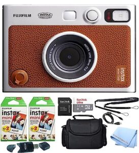 fujifilm mini evo hybrid camera (brown) instant film camera bundle with 40 instant film sheets + 32gb microsd memory card + small padded case + sd card reader + extreme electronics cloth