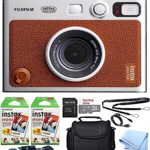 Fujifilm Mini EVO Hybrid Camera (Brown) Instant Film Camera Bundle with 40 Instant Film Sheets + 32GB microSD Memory Card + Small Padded Case + SD Card Reader + Extreme Electronics Cloth