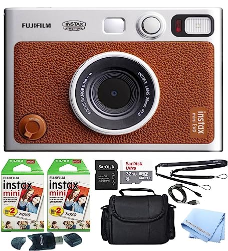 Fujifilm Mini EVO Hybrid Camera (Brown) Instant Film Camera Bundle with 40 Instant Film Sheets + 32GB microSD Memory Card + Small Padded Case + SD Card Reader + Extreme Electronics Cloth