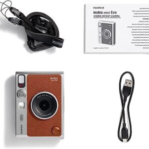 Fujifilm Mini EVO Hybrid Camera (Brown) Instant Film Camera Bundle with 40 Instant Film Sheets + 32GB microSD Memory Card + Small Padded Case + SD Card Reader + Extreme Electronics Cloth