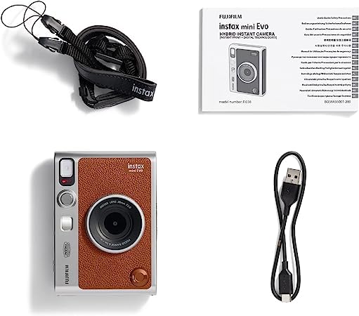 Fujifilm Mini EVO Hybrid Camera (Brown) Instant Film Camera Bundle with 40 Instant Film Sheets + 32GB microSD Memory Card + Small Padded Case + SD Card Reader + Extreme Electronics Cloth