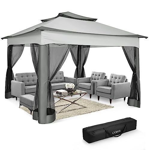 COBIZI Pop Up Gazebo Patio Gazebo 11x11 Outdoor Gazebo with Mosquito Netting Outdoor Canopy Shelter with Double Roof Ventiation 121 Square Feet of Shade for Lawn, Garden, Backyard and Deck, Gray