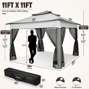 COBIZI Pop Up Gazebo Patio Gazebo 11x11 Outdoor Gazebo with Mosquito Netting Outdoor Canopy Shelter with Double Roof Ventiation 121 Square Feet of Shade for Lawn, Garden, Backyard and Deck, Gray