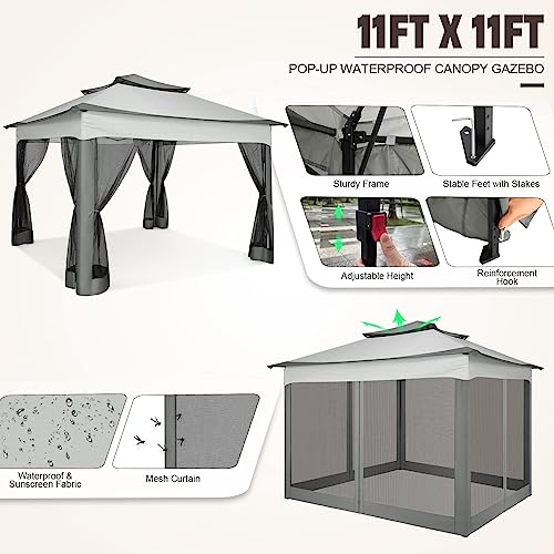 COBIZI Pop Up Gazebo Patio Gazebo 11x11 Outdoor Gazebo with Mosquito Netting Outdoor Canopy Shelter with Double Roof Ventiation 121 Square Feet of Shade for Lawn, Garden, Backyard and Deck, Gray