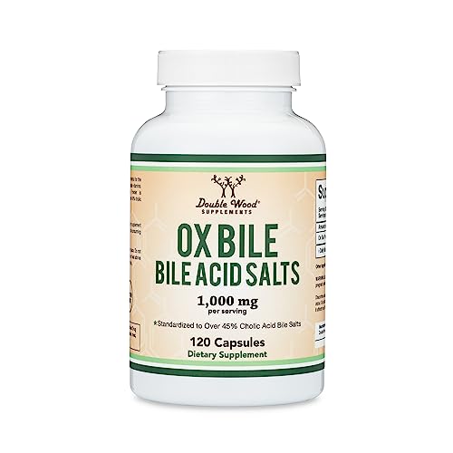 Ox Bile Supplement for No Gallbladder (1,000mg Per Serving, 500mg per Capsule, 120 Capsules) Standardized to 45% Cholic Acid Bile Salts to Help Address Bile Salt Deficiencies by Double Wood