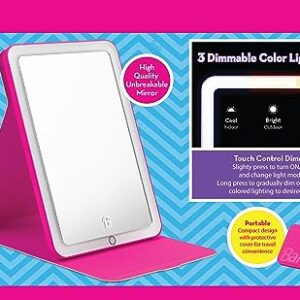 eKids Barbie Travel Mirror with Light and Adjustable Stand, Shatterproof Makeup Mirror with Rechargeable Battery, Designed for Fans of Barbie Accessories and Gifts